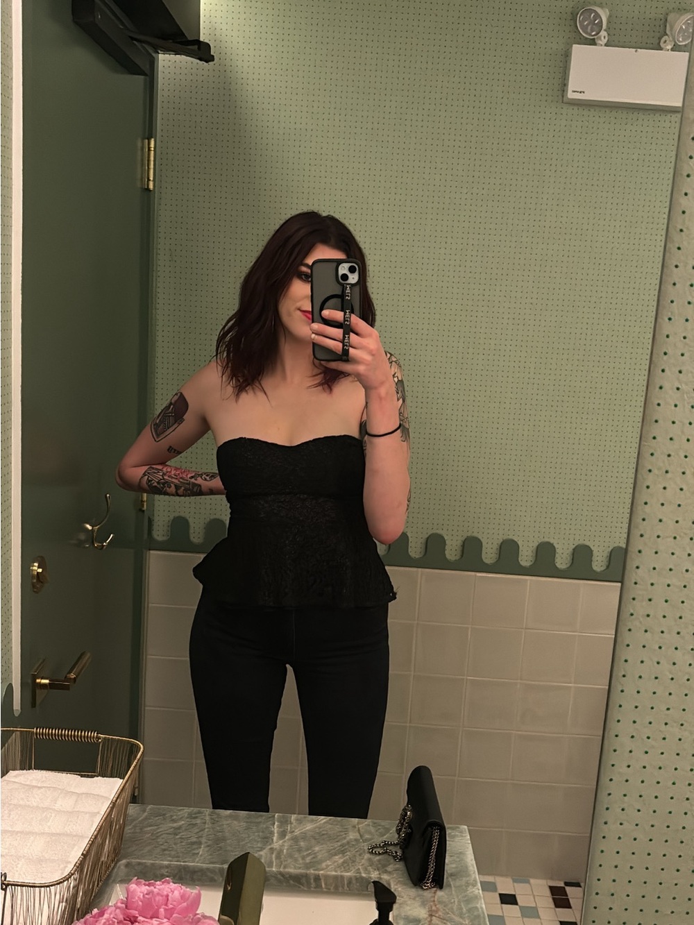 Black Strapless Lace Peplum Top
